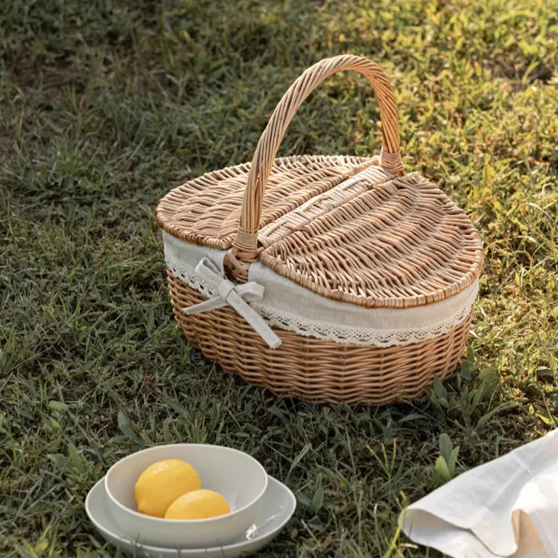 Large Capacity Picnic Basket With Lid Wicker Bamboo Woven Basket Household Fruit Storage Snack Container Outdoor Wicker Basket