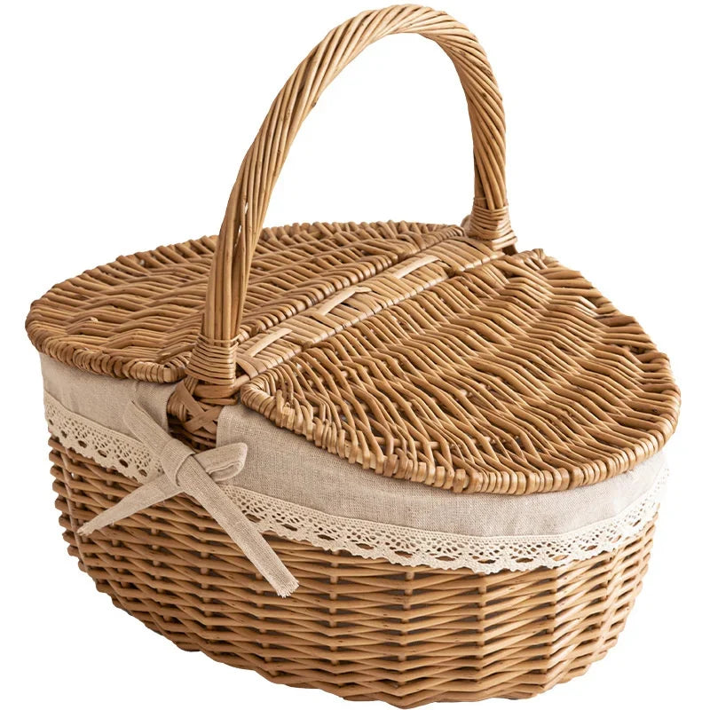 Large Capacity Picnic Basket With Lid Wicker Bamboo Woven Basket Household Fruit Storage Snack Container Outdoor Wicker Basket