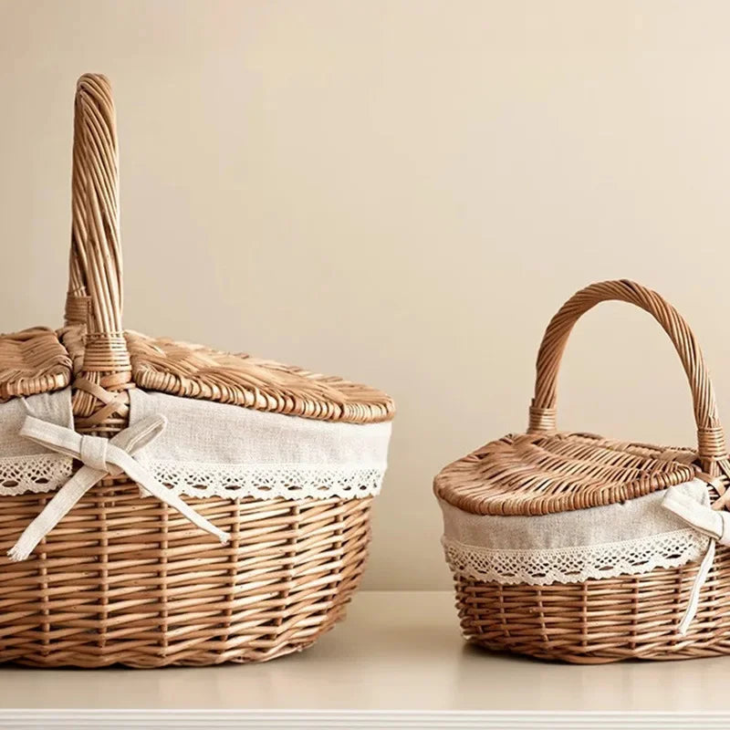 Large Capacity Picnic Basket With Lid Wicker Bamboo Woven Basket Household Fruit Storage Snack Container Outdoor Wicker Basket