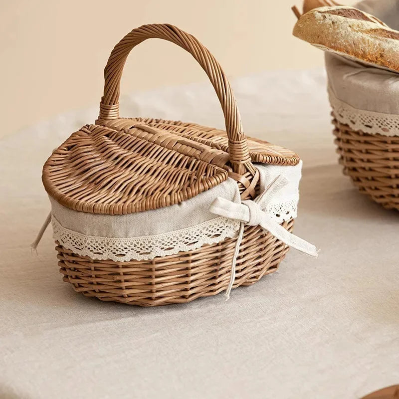Large Capacity Picnic Basket With Lid Wicker Bamboo Woven Basket Household Fruit Storage Snack Container Outdoor Wicker Basket