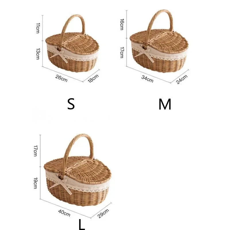 Large Capacity Picnic Basket With Lid Wicker Bamboo Woven Basket Household Fruit Storage Snack Container Outdoor Wicker Basket