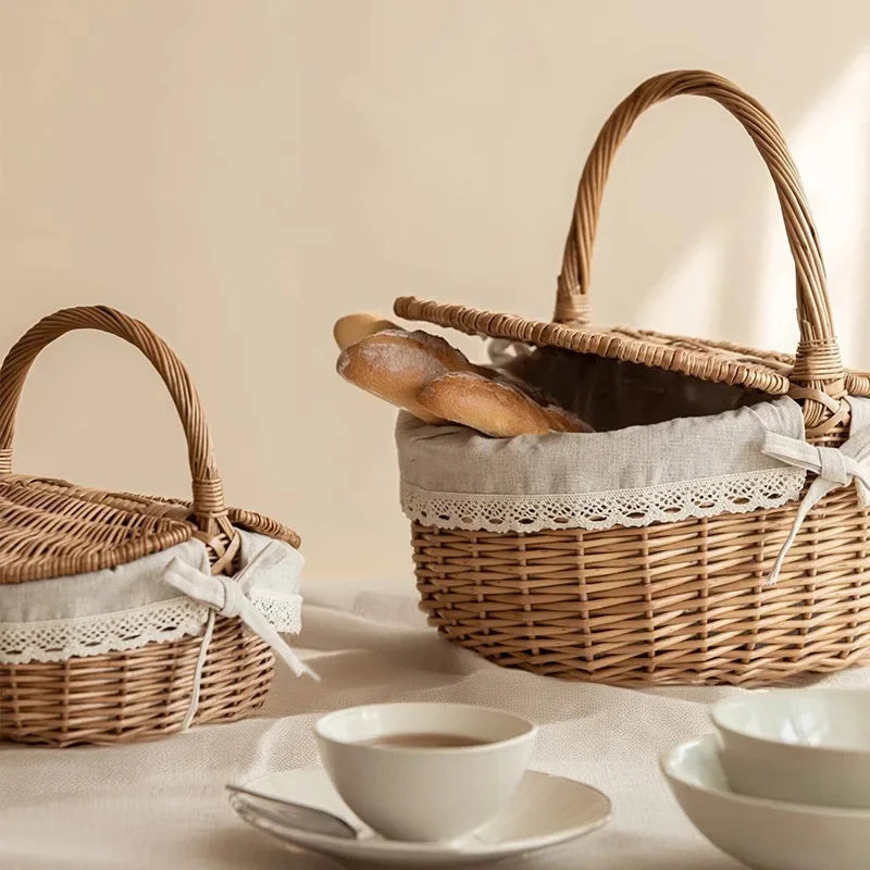 Large Capacity Picnic Basket With Lid Wicker Bamboo Woven Basket Household Fruit Storage Snack Container Outdoor Wicker Basket