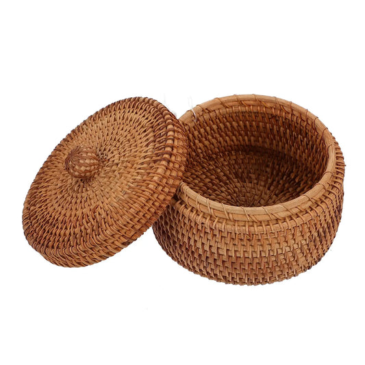 Vintage Rattan Woven Storage Basket With Lid Rattan Sundries Storage Box Color Home Outdoor Outing Snack Portable Storage Box